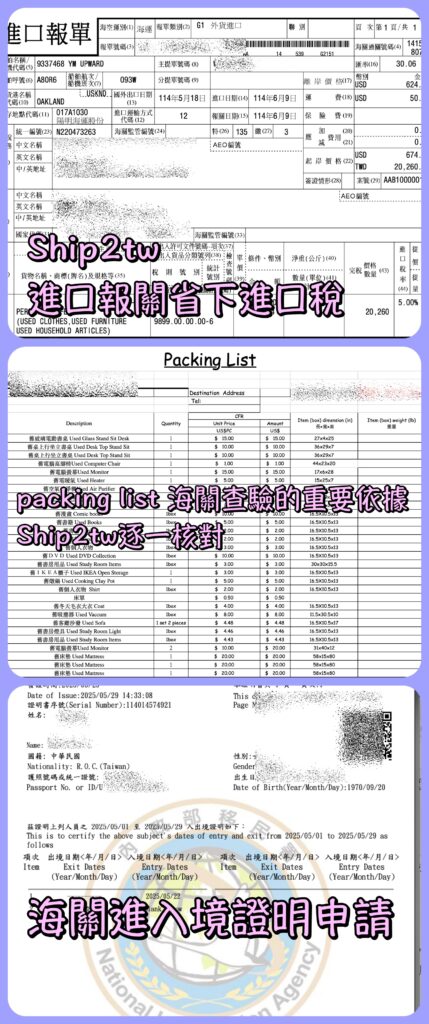 Ship2tw進口報關省下進口稅
packing list 海關查驗的重要依據
Ship2tw逐一核對
海關進入境證明申請
